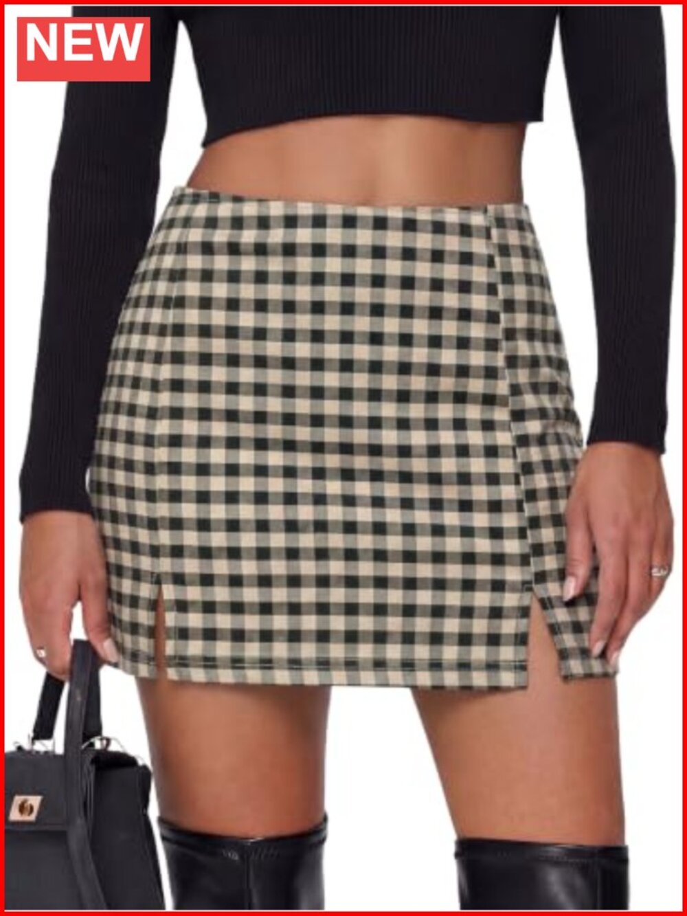 EXLURA Plaid Mini Skirt High Elastic Waist Bodycon Double Slit Y2K Fall